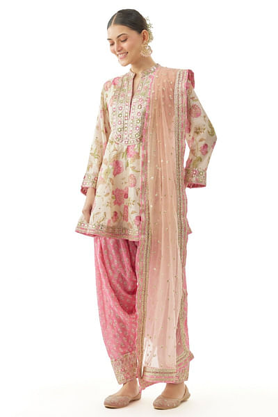 Pink floral print embroidered kurta salwar set
