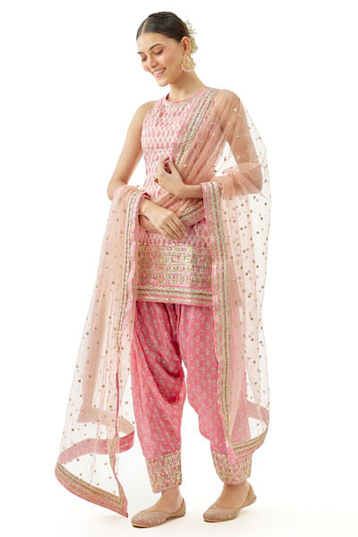 Pink floral print embroidery kurta salwar set