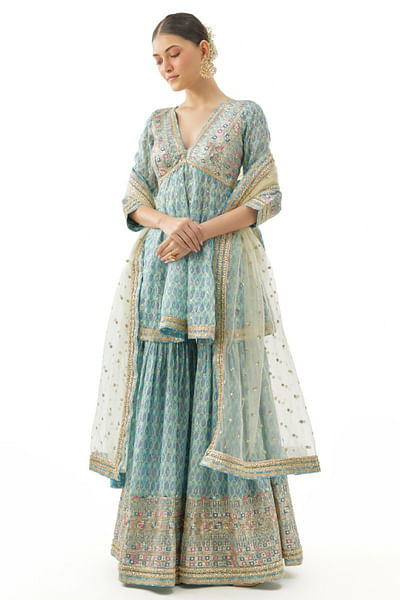 Blue print embroidered peplum and sharara set