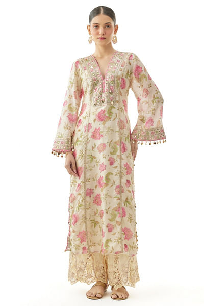 Ivory floral print embroidered kurta