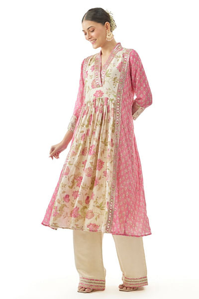 Pink floral print embroidered kurta set