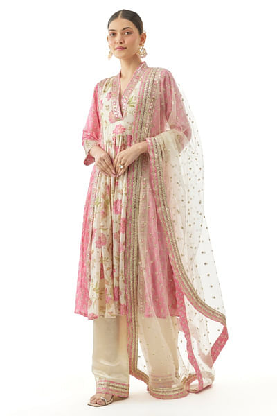 Pink floral print embroidery kurta set