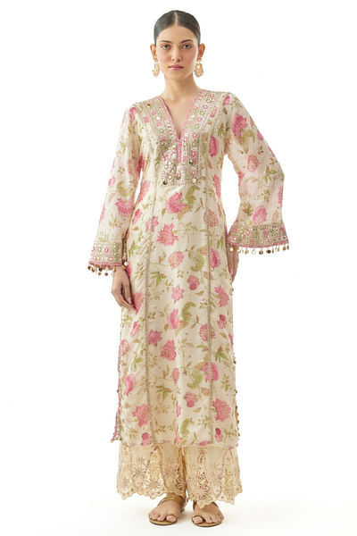 Ivory floral print embroidered kurta set