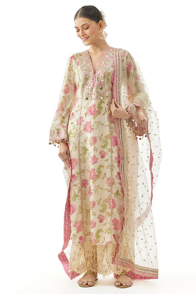 Ivory floral print embroidery kurta set