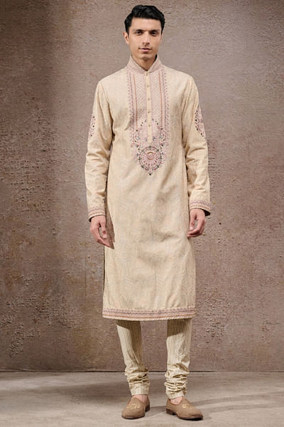 Beige thread and pearl embroidered kurta set