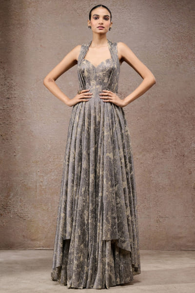 Tarun Tahiliani Beige grey printed gown TARJUL25D132642