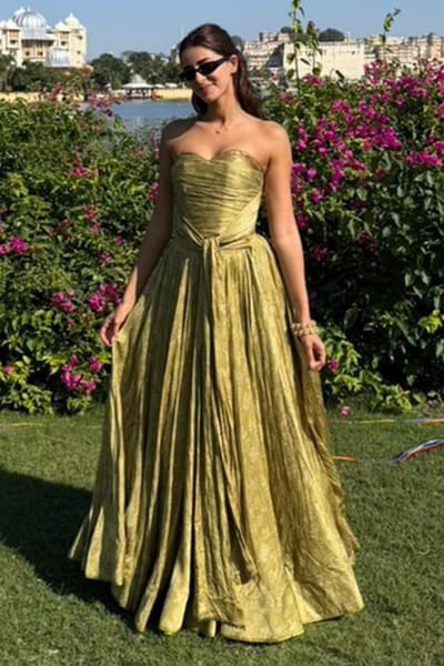 Henna green printed corset and lehenga set