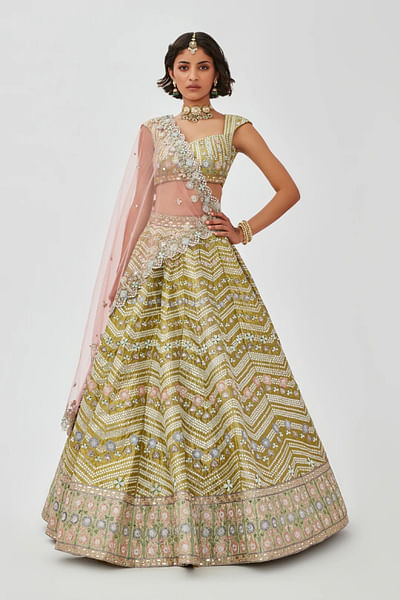 Citron green chevron appliqued kali lehenga set