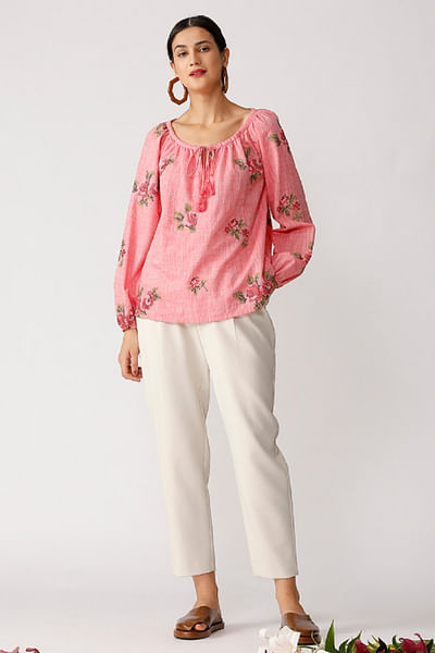 Pink rose embroidered top