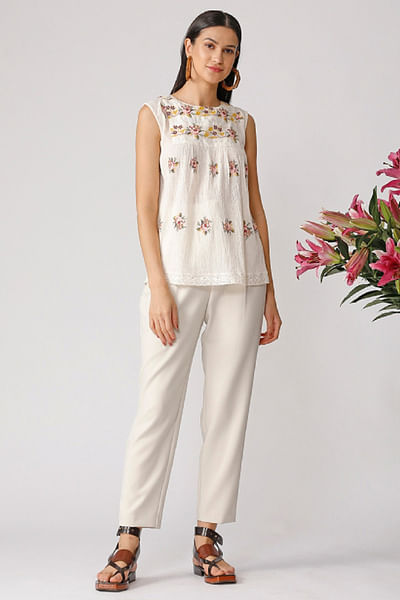 Ecru rose embroidered top