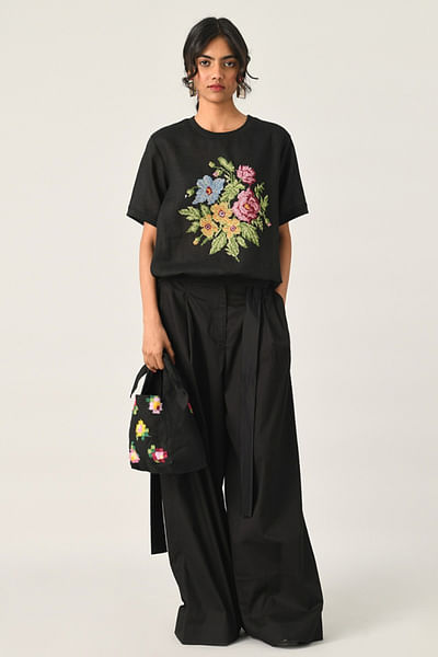 Black floral cross-stitch embroidered top