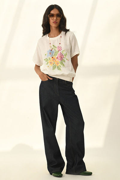 Ivory floral cross-stitch embroidered top