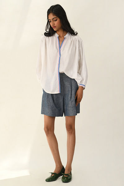 Ivory striped and smocked shirt