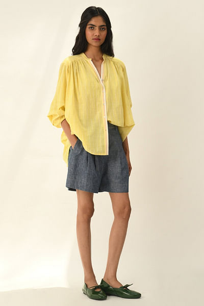 Lemon yellow striped and smocked shirt