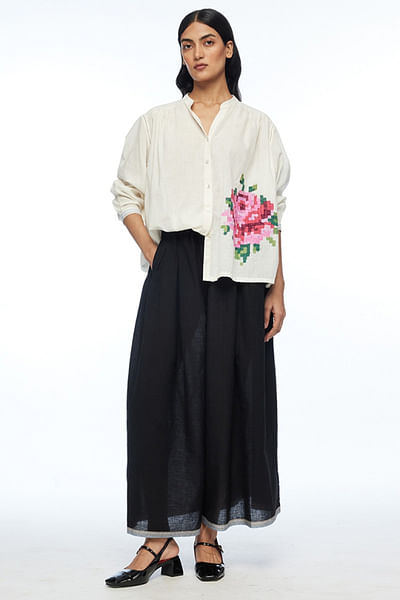 Ivory rose applique embroidered oversize shirt