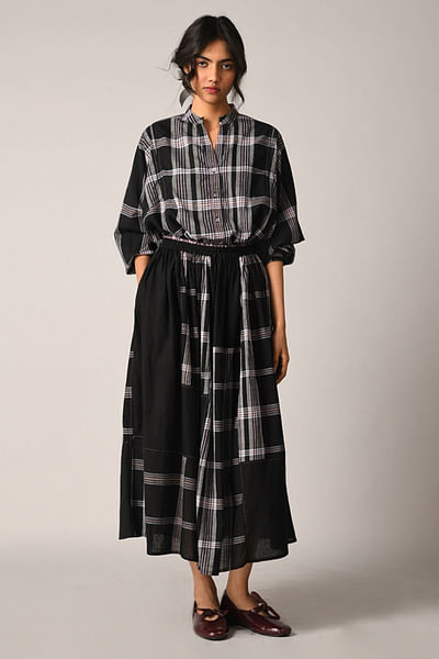 Black checkered and panelled oversize shirt