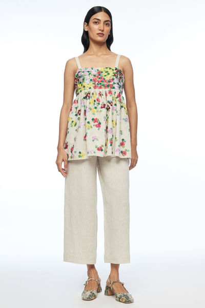 Beige abstract appliqué embroidered top