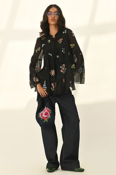 Black flora cross-stitch embroidery tiered top