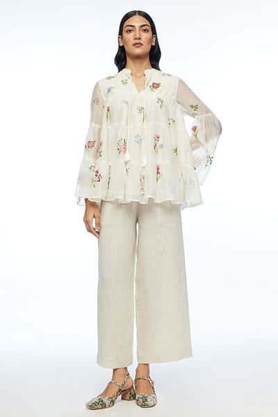 Ivory flora cross-stitch embroidery tiered top