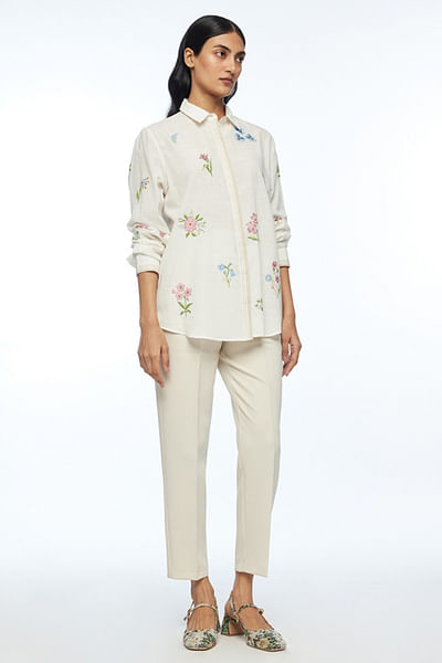 Ivory floral cross-stitch embroidered shirt