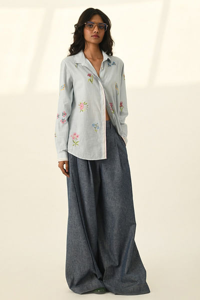 Blue floral cross-stitch embroidered shirt