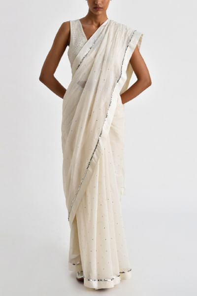 Ecru floral and geometric embroidered top