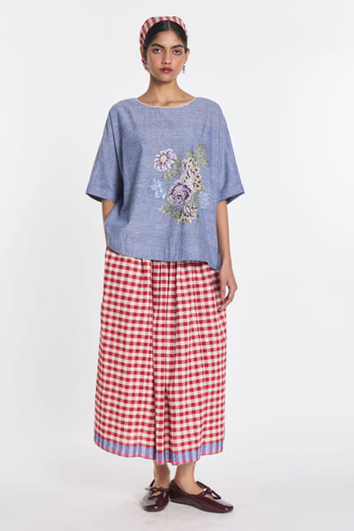 Blue floral embroidered top