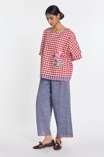 Red floral embroidered and checkered top