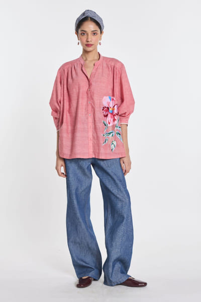 Pink floral embroidered shirt