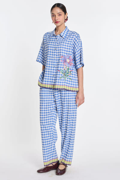 Blue floral embroidered gingham shirt