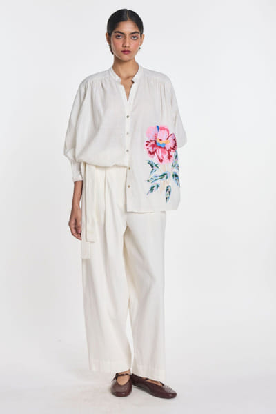 Ivory floral embroidered shirt
