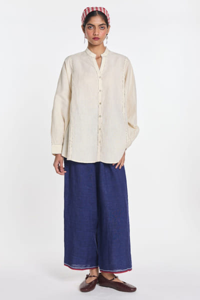 Ivory pintuck cotton linen shirt