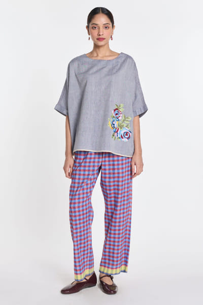 Grey floral embroidered top