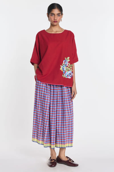 Red floral embroidered top