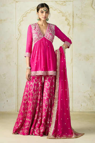 Rani pink embroidered peplum sharara set