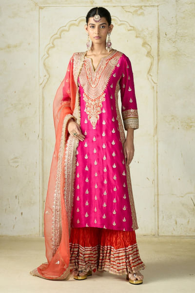 Rani pink embroidered long kurta sharara set