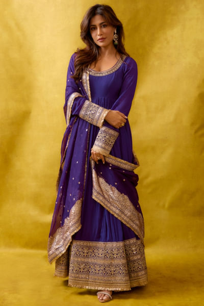 Purple embroidered anarkali set