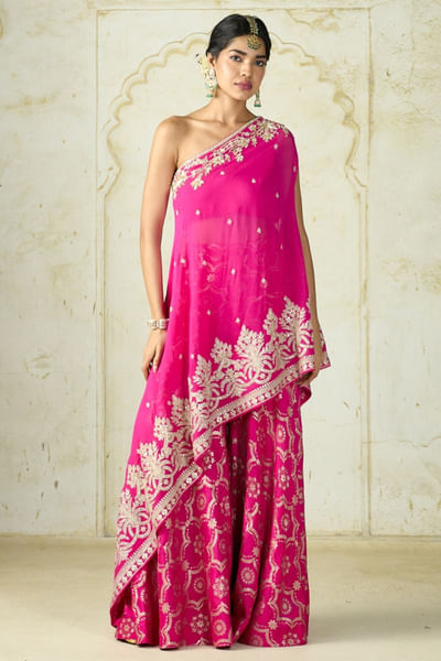 Rani pink embroidered draped kurta sharara set