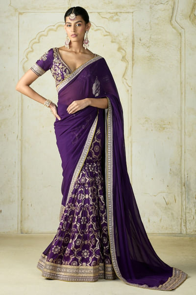 Purple embroidered sari set