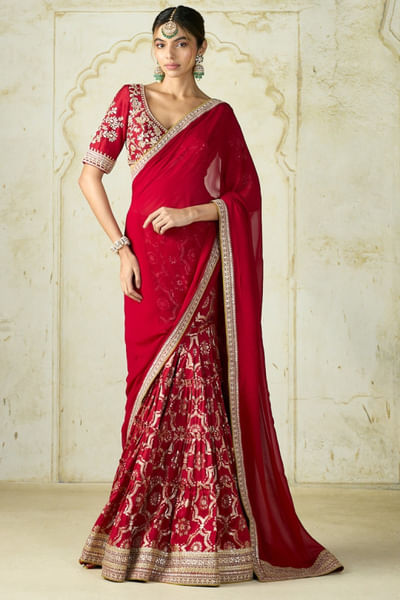 Red embroidered sari set