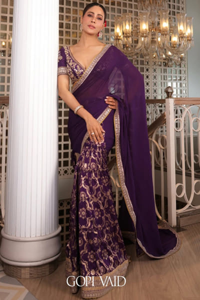 Purple embroidered sari set