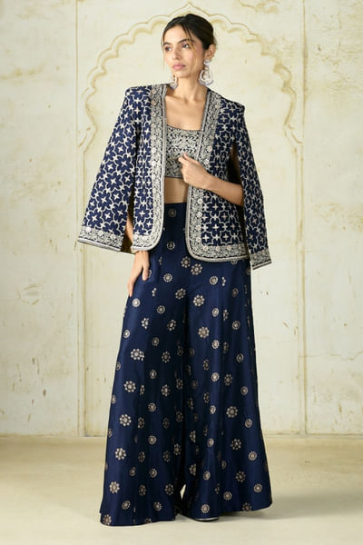 Navy blue cape jacket palazzo set