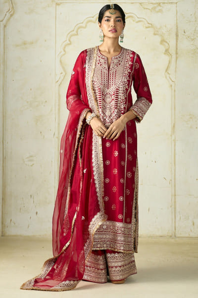 Red embroidered kurta palazzo set