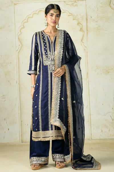 Navy blue embellished kurta palazzo set