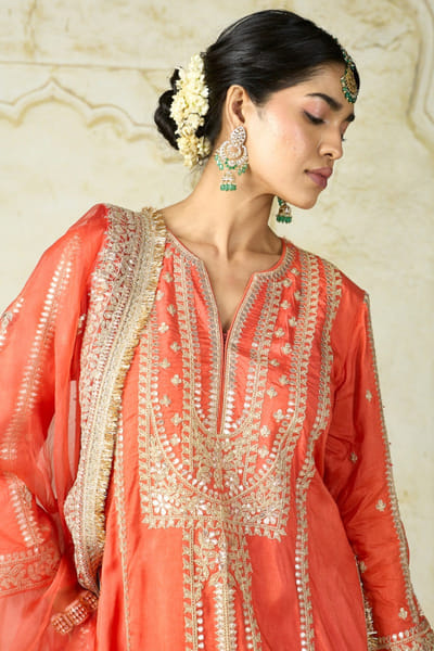 Orange embellished kurta palazzo set