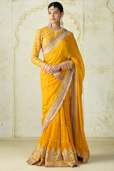 Mustard yellow embroidered sari set