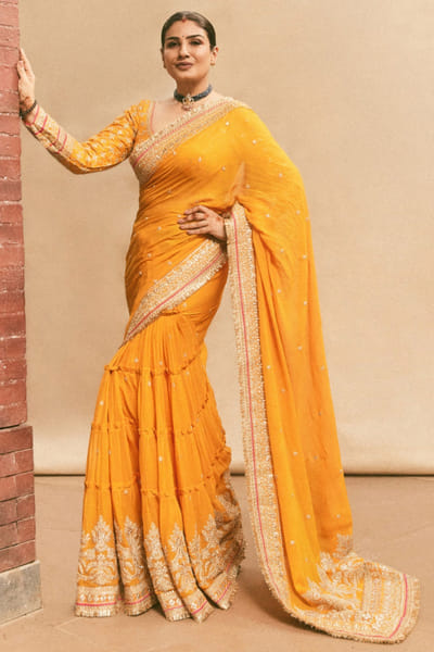 Mustard yellow embroidered sari set