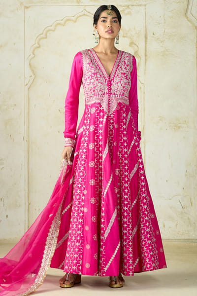 Rani pink embellished anarkali set