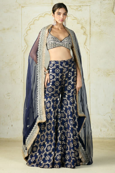 Navy blue motif embroidered cape sharara set