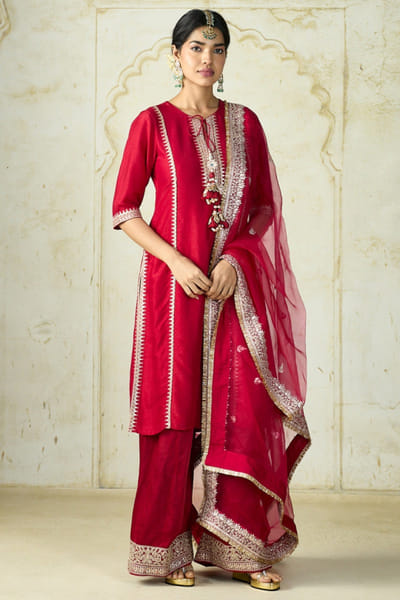 Red embellished kurta palazzo set